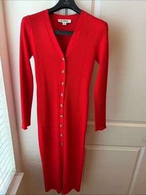 Kada Red Ribbed Button-Front V-Neck Midi Dress